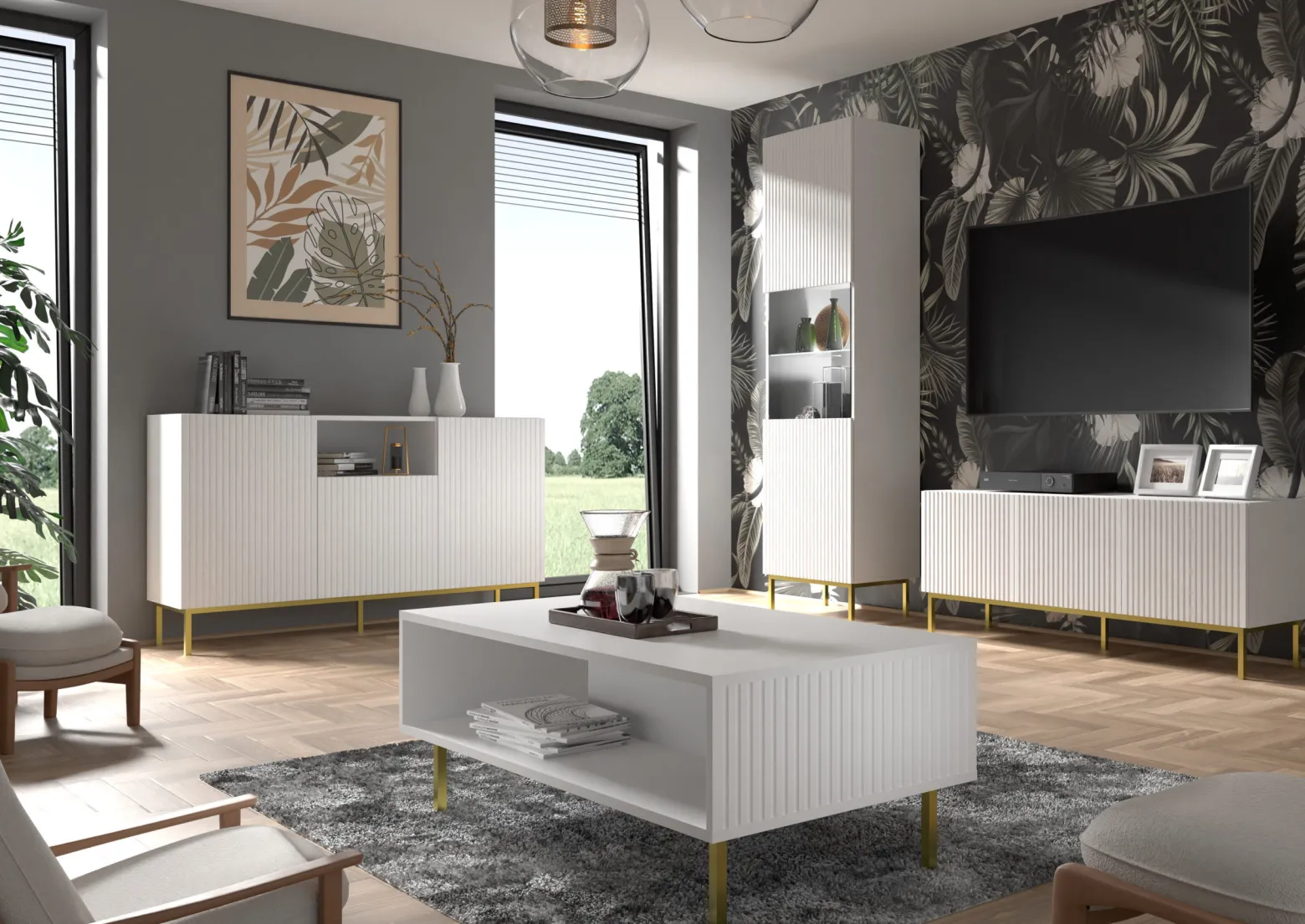 Ravenna B Komoda 150 2D3S frez MDF biały mat + RAMA CZARNA