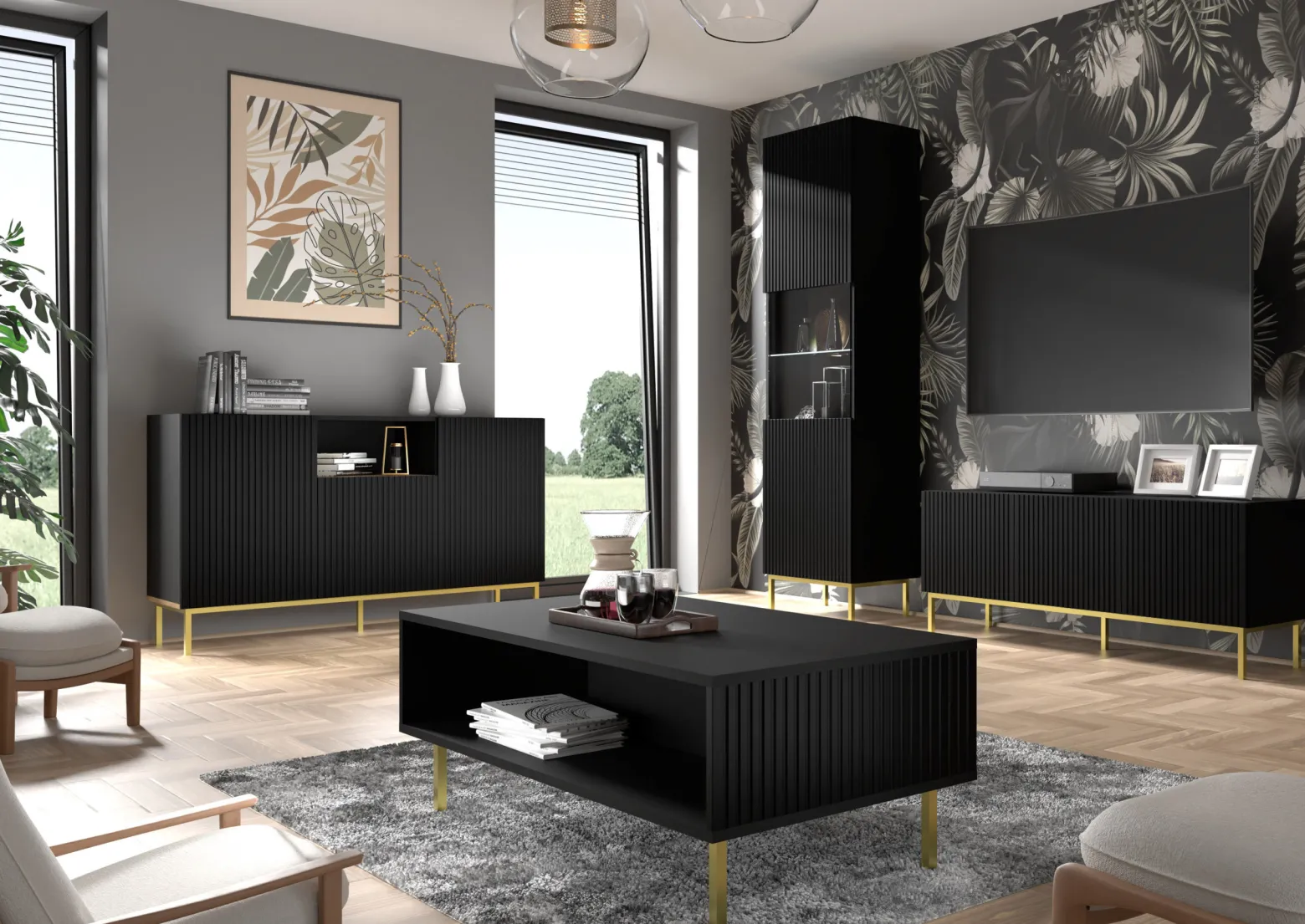 Ravenna B Komoda 200 3D3S frez MDF czarny mat + RAMA ZŁOTA