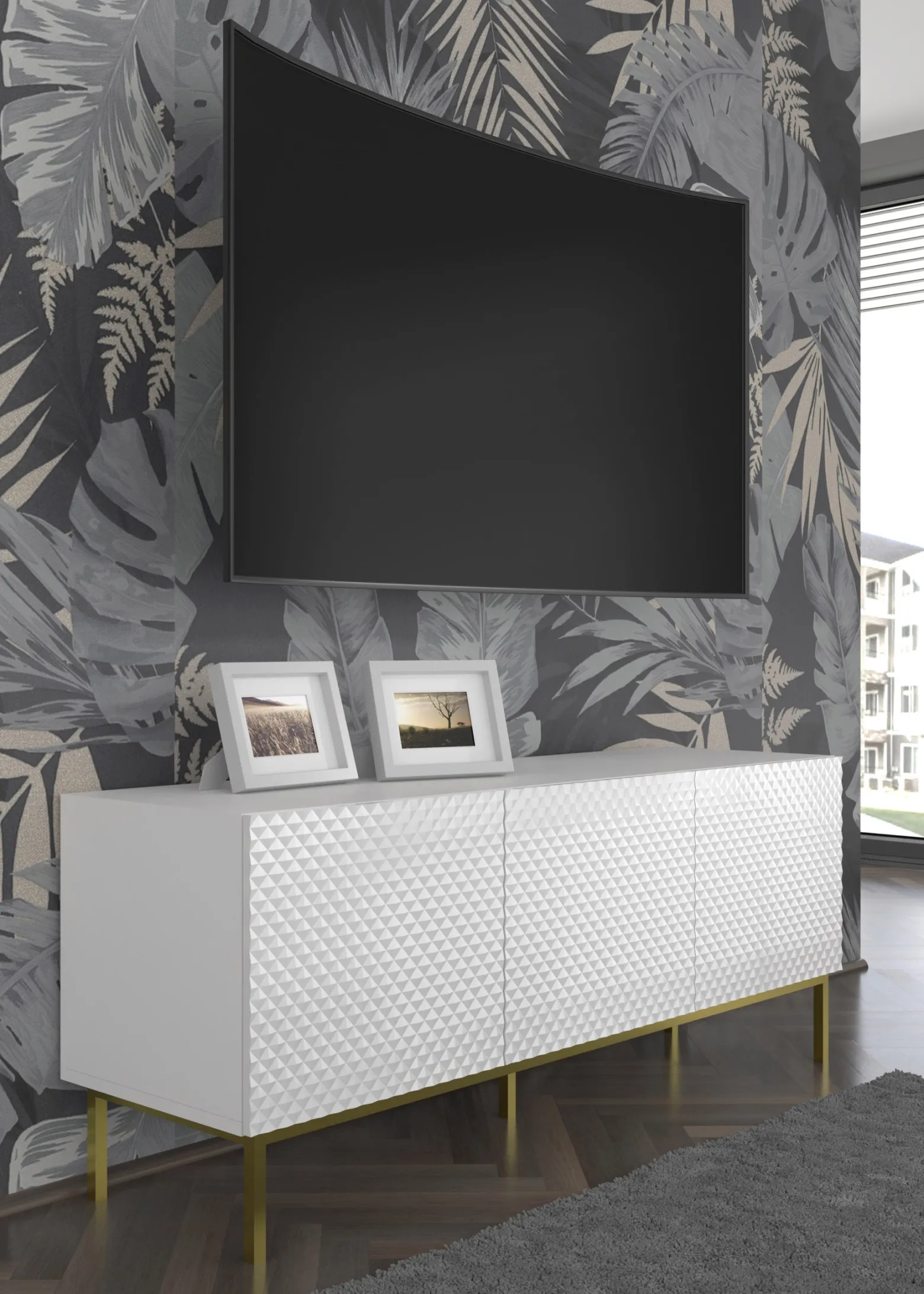 Ravenna C Szafka RTV 150 3D frez MDF biały połysk + RAMA ZŁOTA