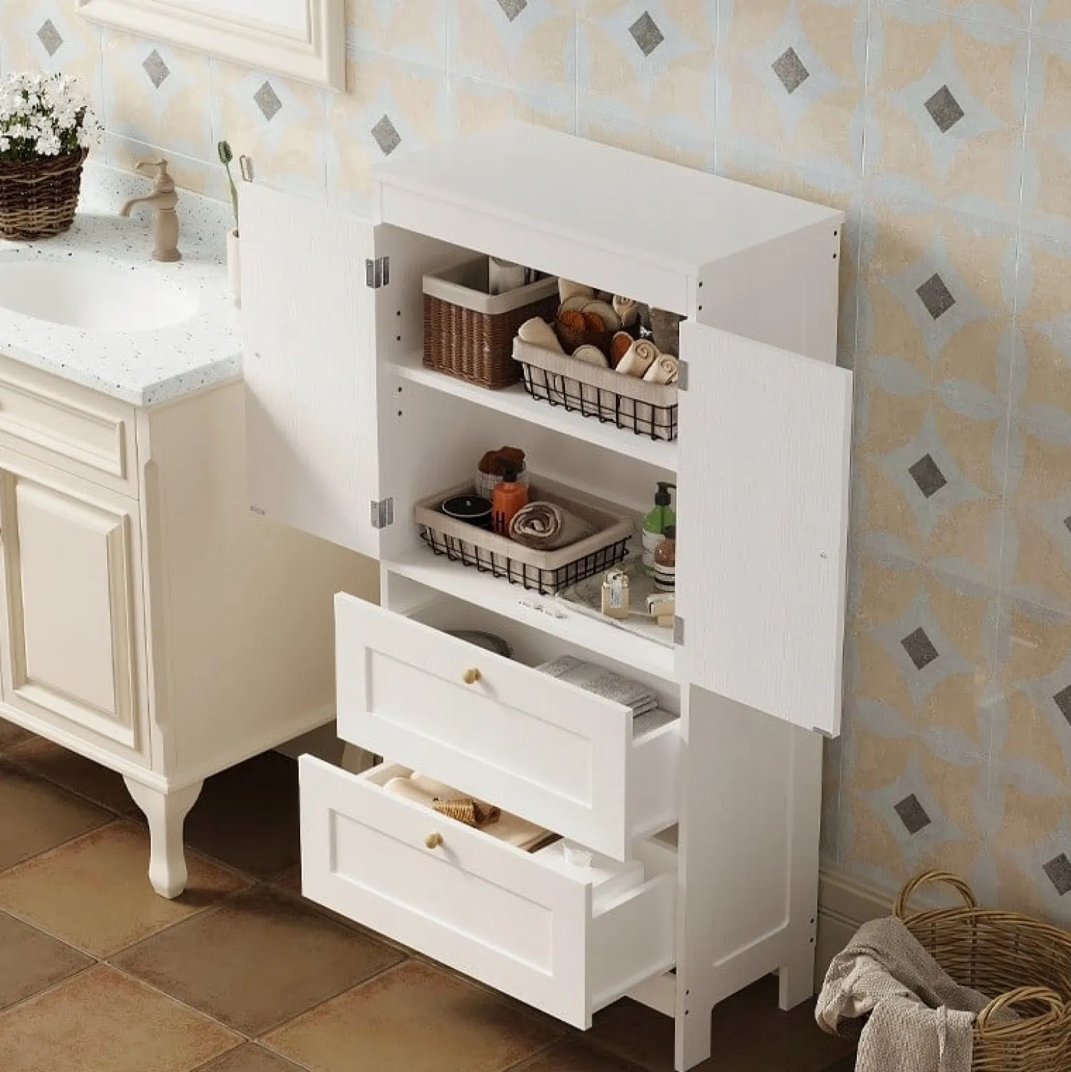 Regał szafka wolnostojąca 2 szuflady drzwiczki biały loft 120 cm
