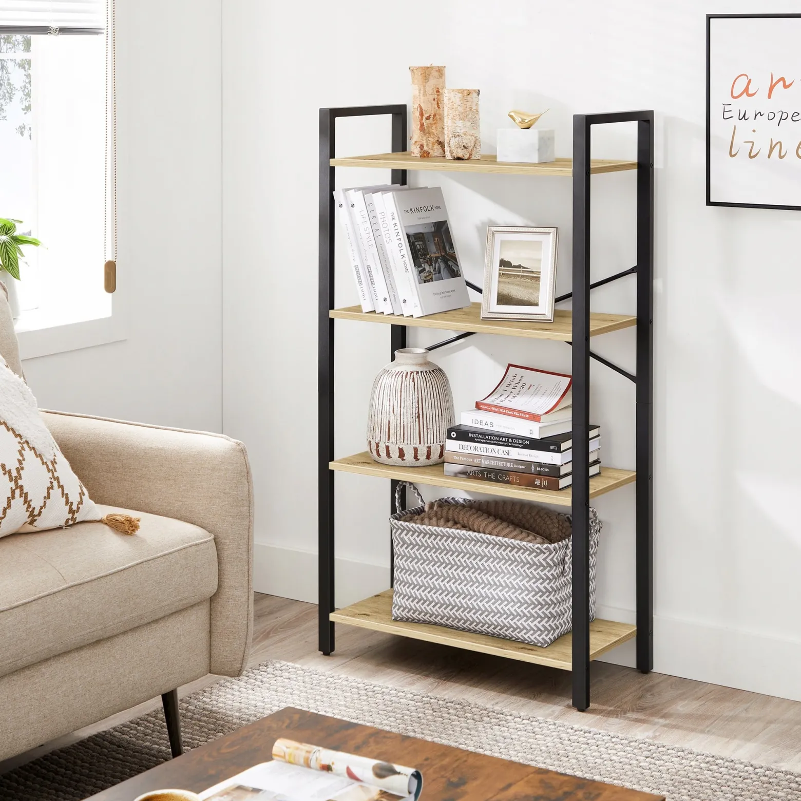Regał na Książki Półka do Salonu Industrialny 4 Półki Loft Dąb Artisan