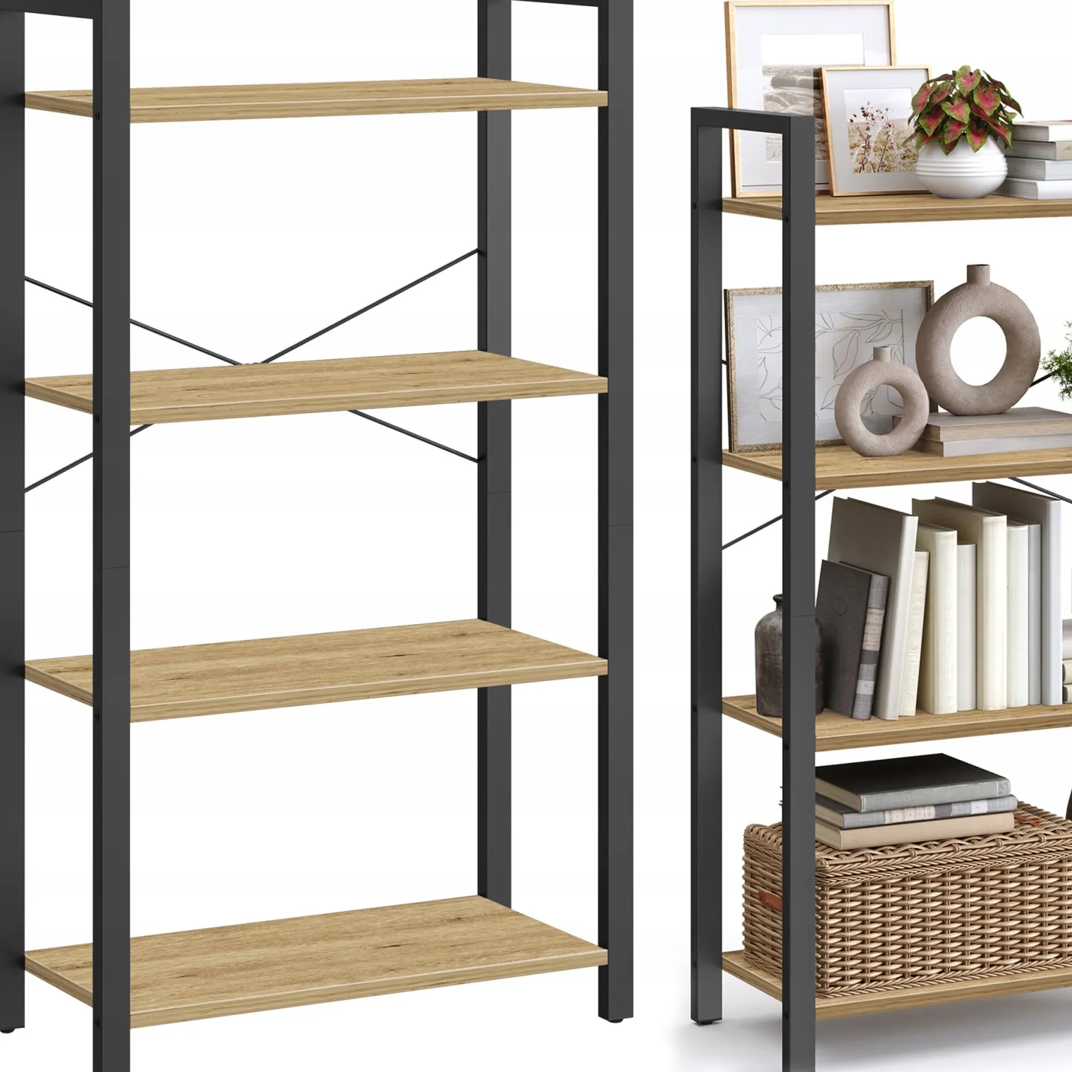 Regał na Książki Półka do Salonu Industrialny 4 Półki Loft Dąb Artisan