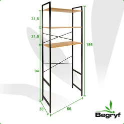 Regał nad pralkę loft półki łazienkowy olcha czarny metal 186x66x30