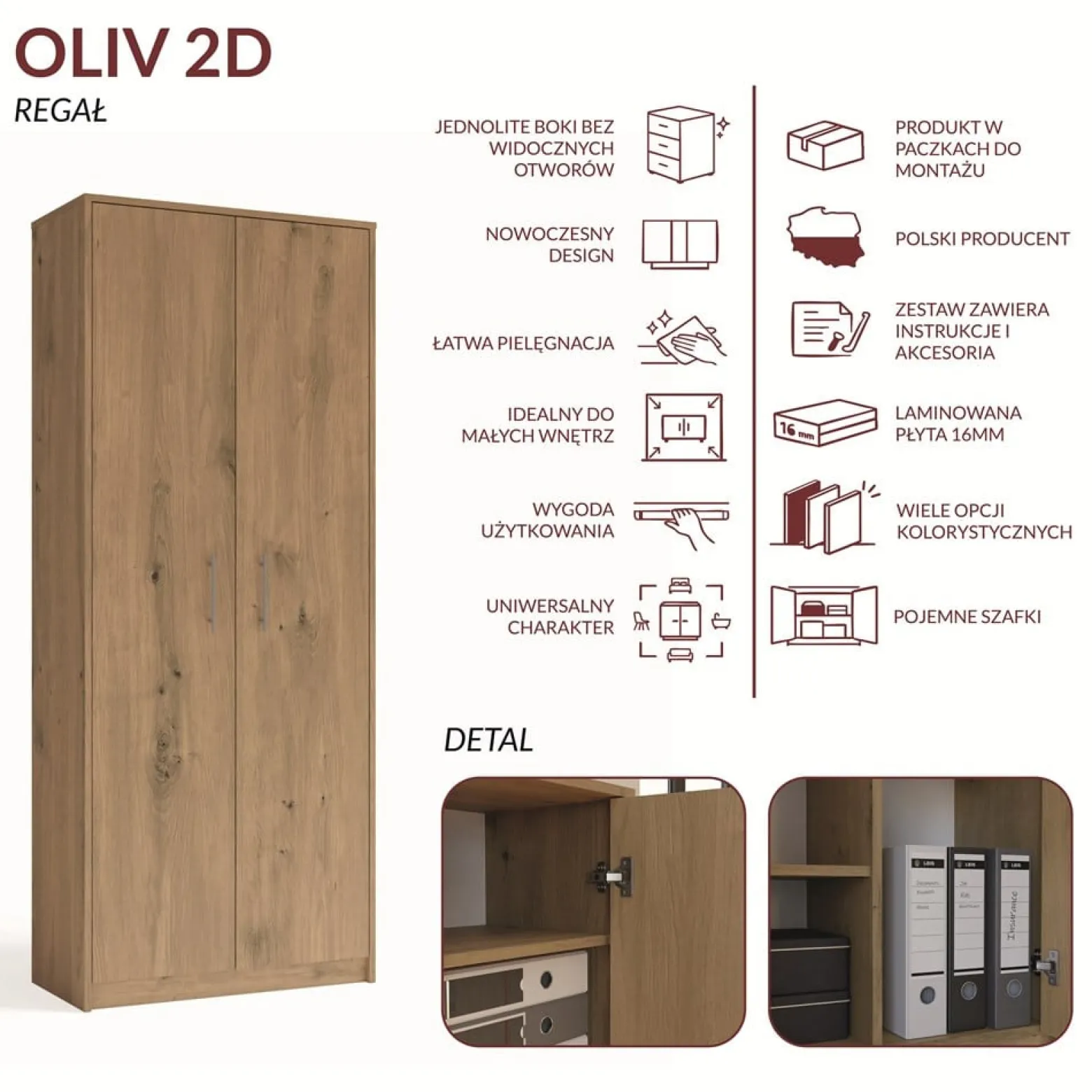 Regał Biurowy OLIV 2D 2 Drzwi Do Biura Do Gabinetu Salonu DĄB ARTISAN