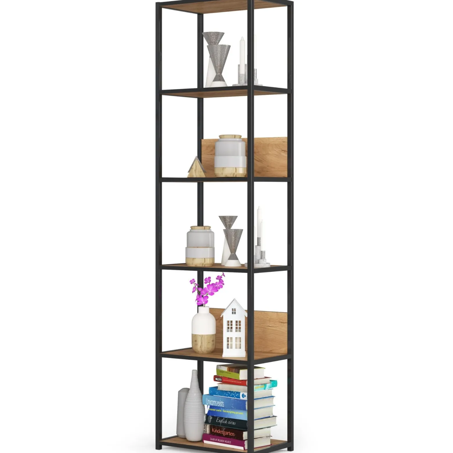 Regał loftowy metalowy 50 cm Czarny, Dąb Craft 50x32x192 cm