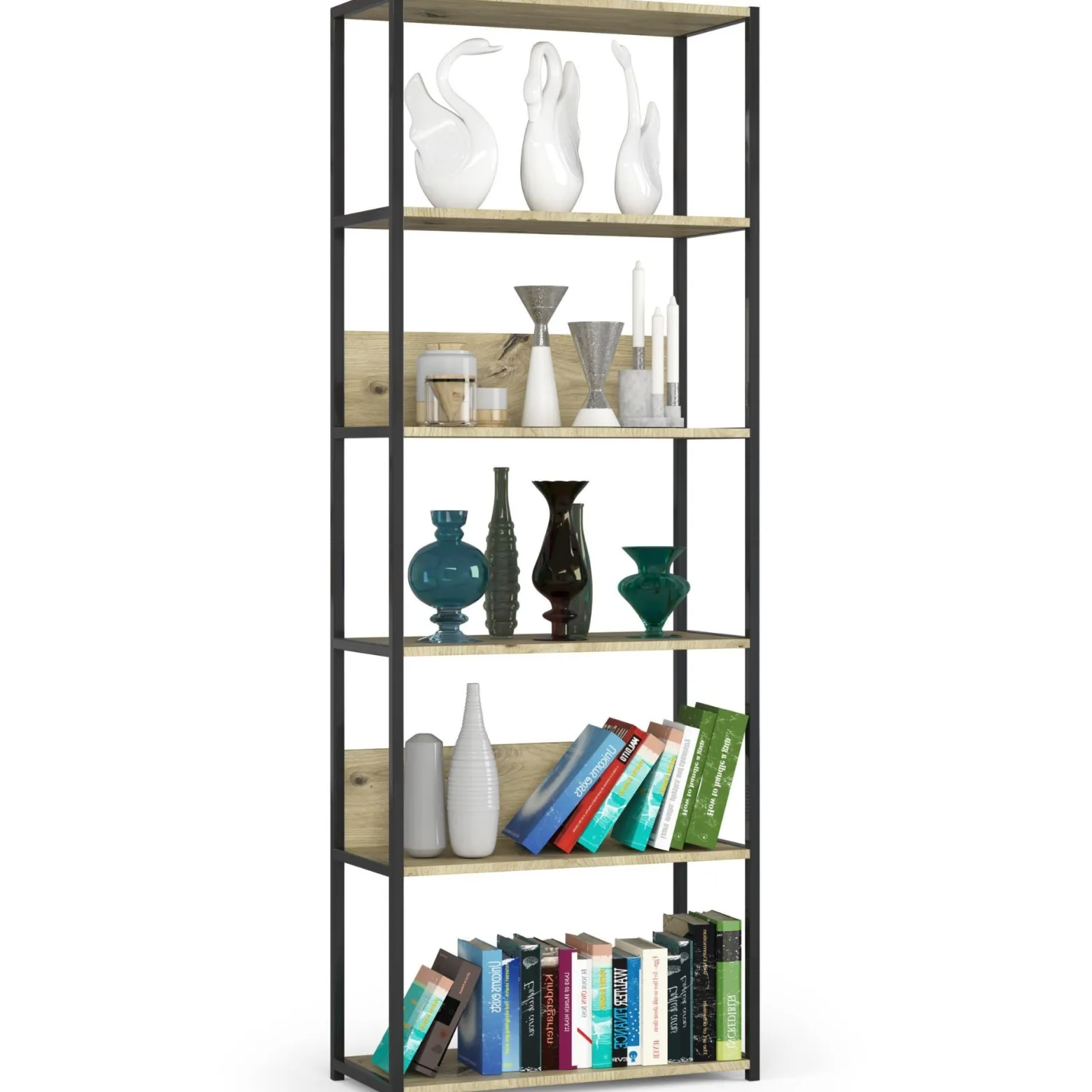 Regał loftowy metalowy 70 cm Czarny, Dąb Artisan 70x32x192cm