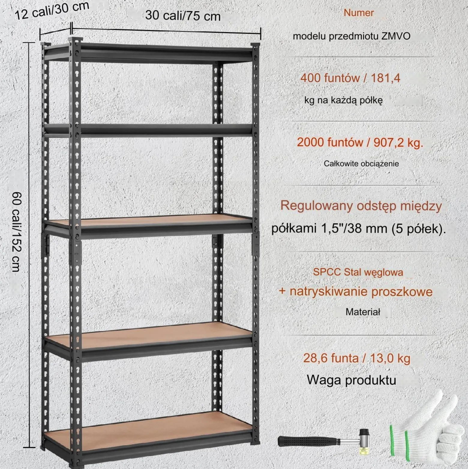 Regał magazynowy metalowy 75 x 30 x 152 cm max 181 kg na półkę