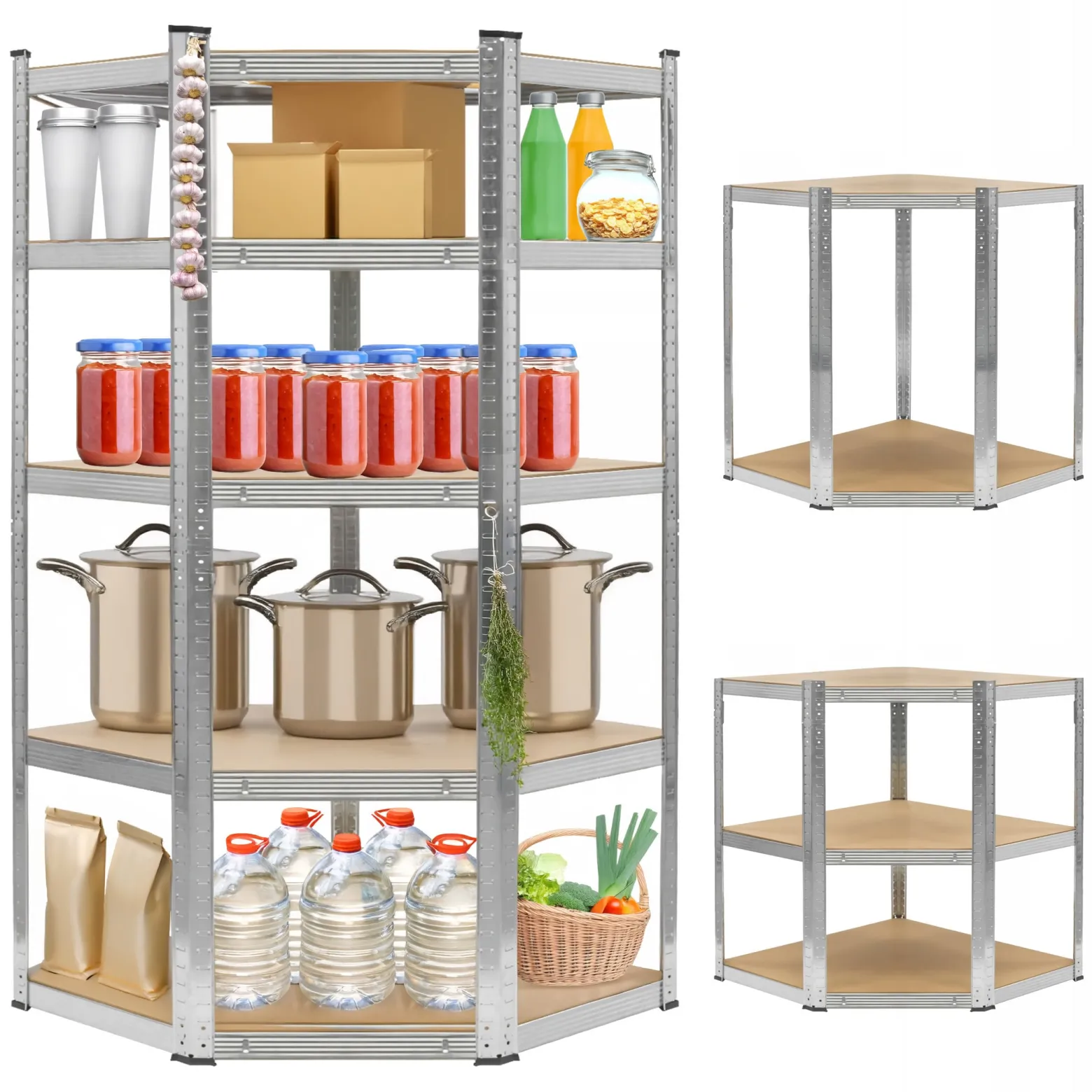 Regał magazynowy narożny metalowy srebrny 5 półek 2w1 180x90x90x40 cm