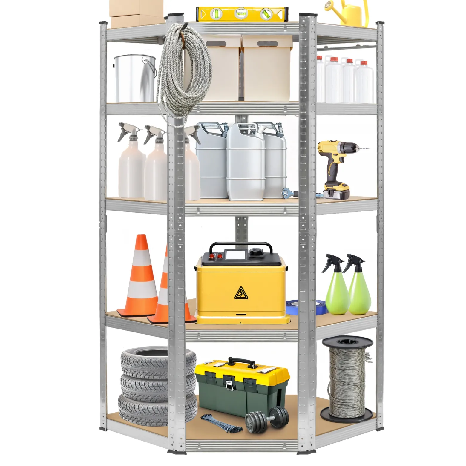 Regał magazynowy narożny metalowy srebrny 5 półek 2w1 180x90x90x40 cm