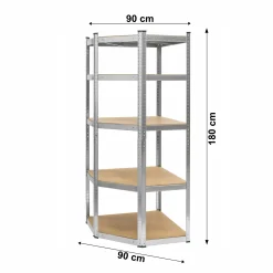 Regał magazynowy narożny metalowy srebrny 5 półek 2w1 180x90x90x40 cm
