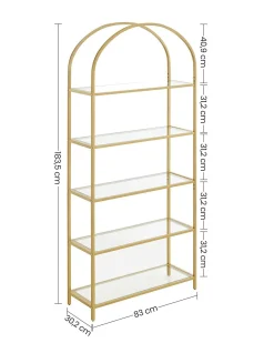 Regał metalowy złoty glamour 5 szklanych półek 183,5 cm 83x30,2 cm