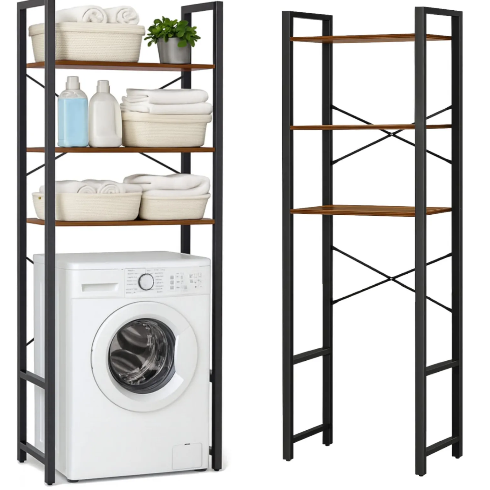 Regał nad pralkę loft półki łazienkowy olcha czarny metal 186x66x30