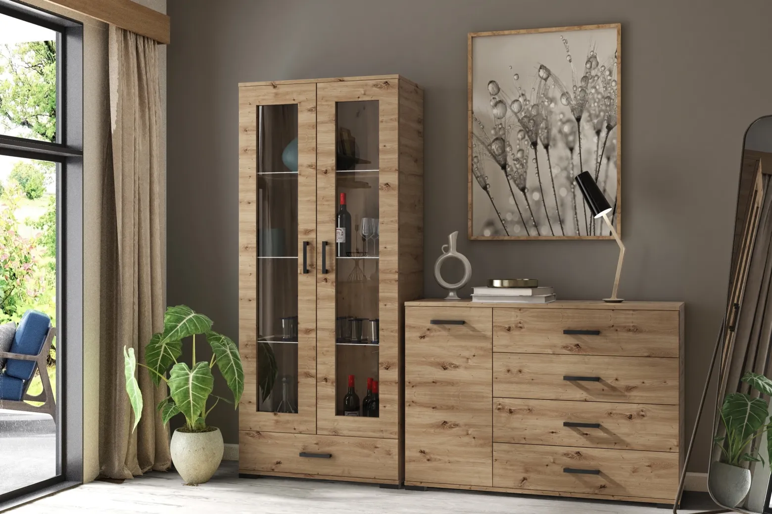 Regał zamknięty na książki 50 cm do salonu FIORA dąb artisan