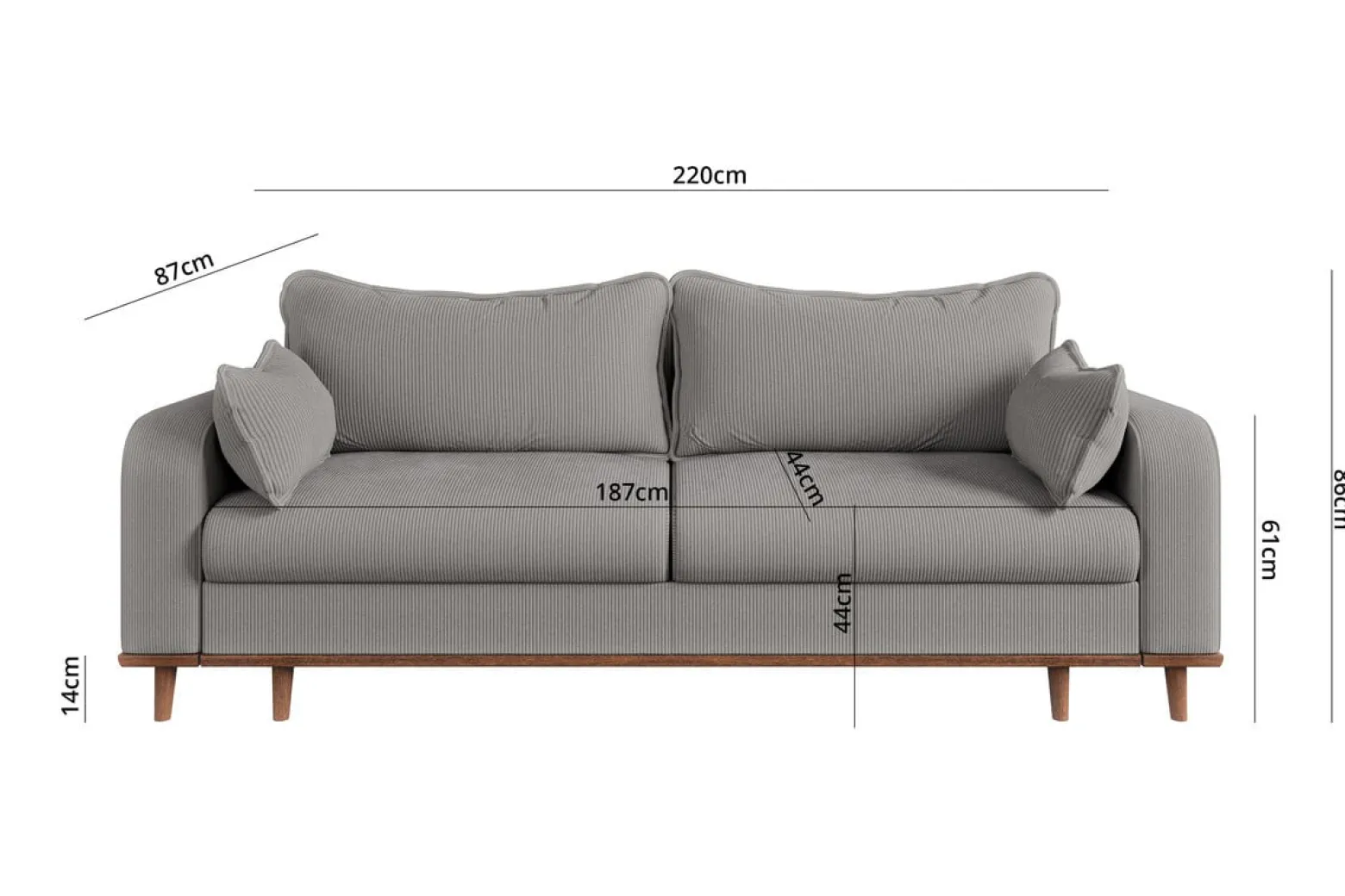 Ropez Beata sofa z funkcją wysokie nóżki sztruks szary