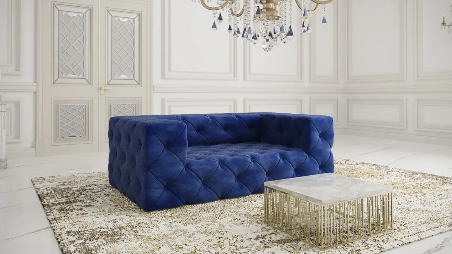 Ropez Fresco sofa 2 osobowa pikowana welur granatowy