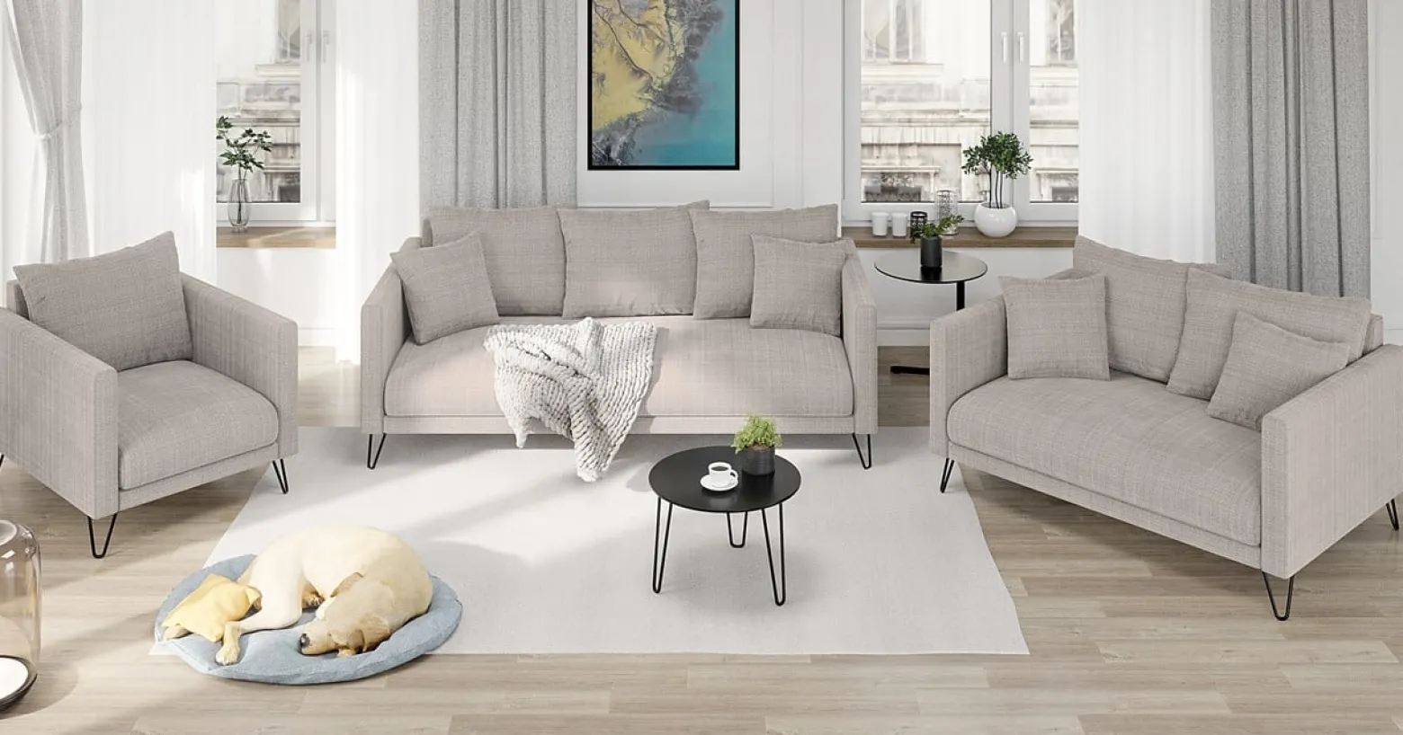 Ropez Freya sofa 2 osobowa nogi metalowe wysokie szenil zimny beż Flow 01