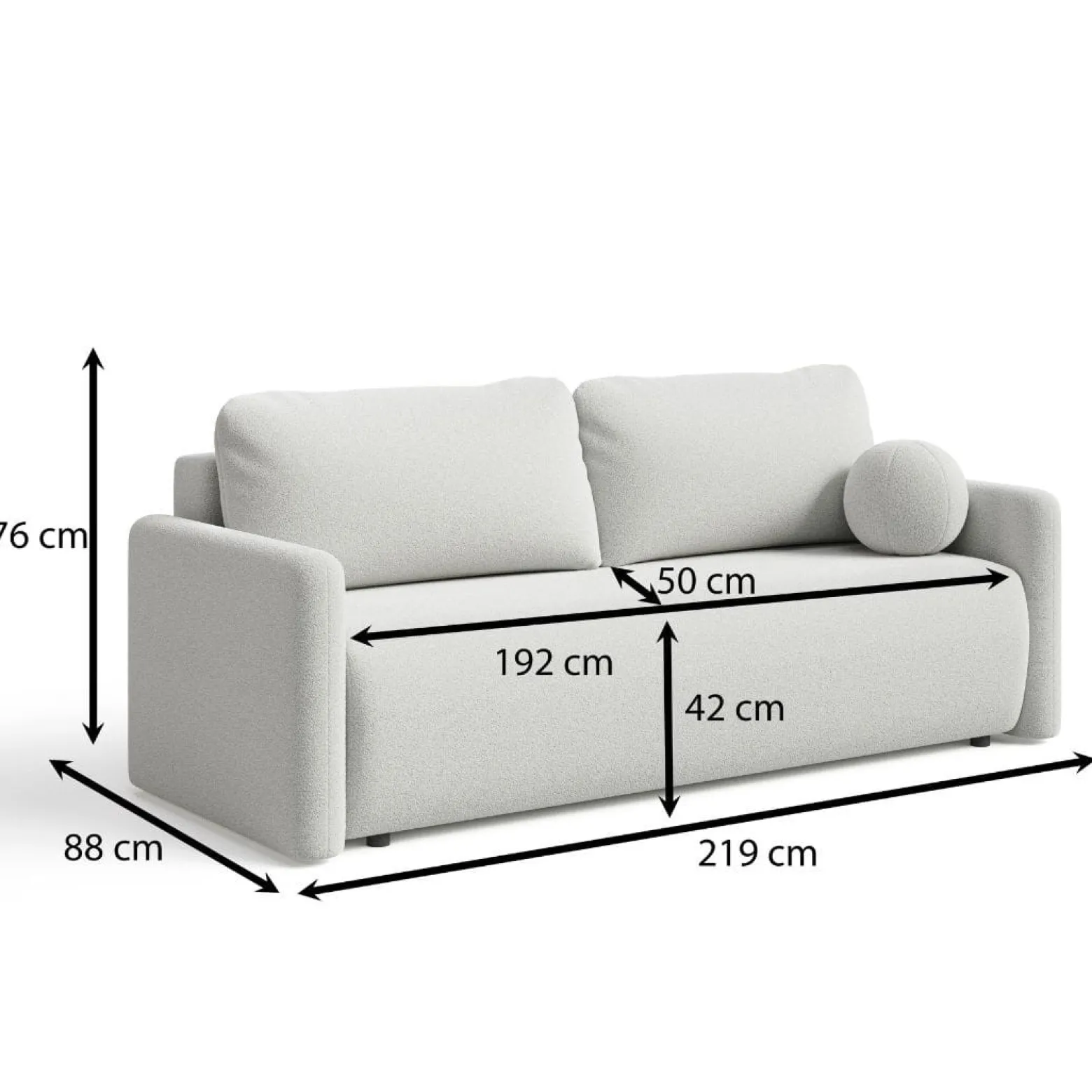 Rozkładana sofa w modnej kremowej tkaninie boucle 219cm LUNS