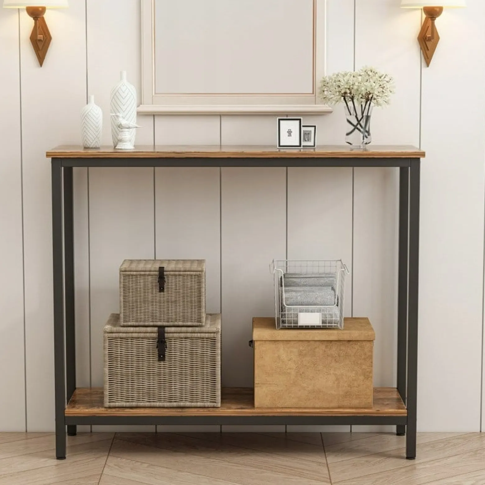 Rustykalna konsola 100 cm szafka loft metalowy stelaż brązowy blat regał
