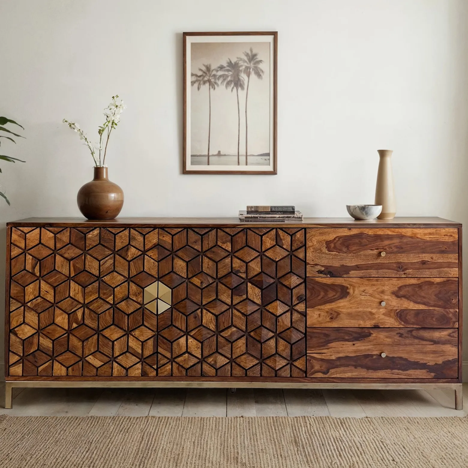 Sideboard z Drewna Sheesham 180 cm Komoda 2 Drzwi 3 Szuflady Nowoczesny