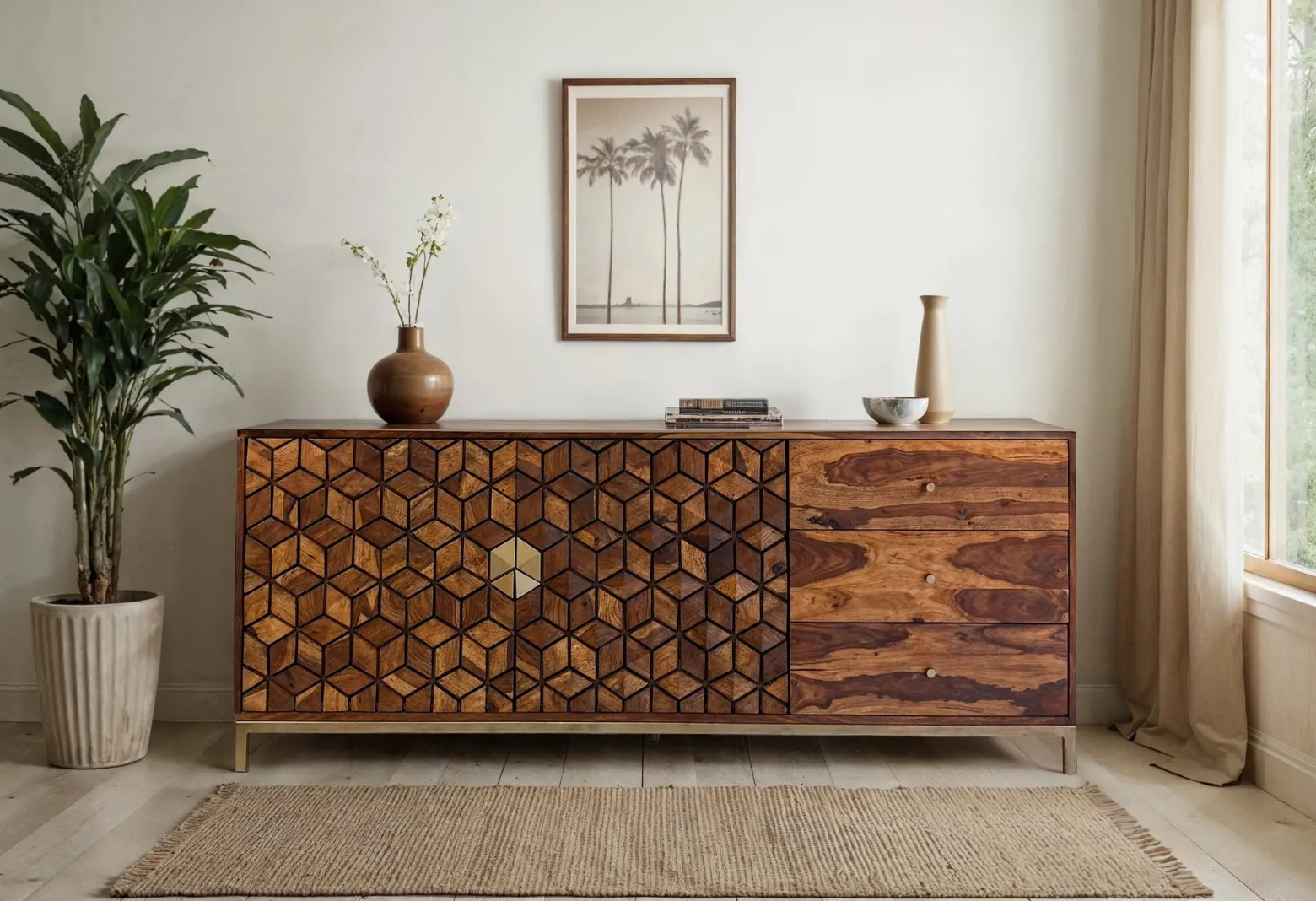 Sideboard z Drewna Sheesham 180 cm Komoda 2 Drzwi 3 Szuflady Nowoczesny