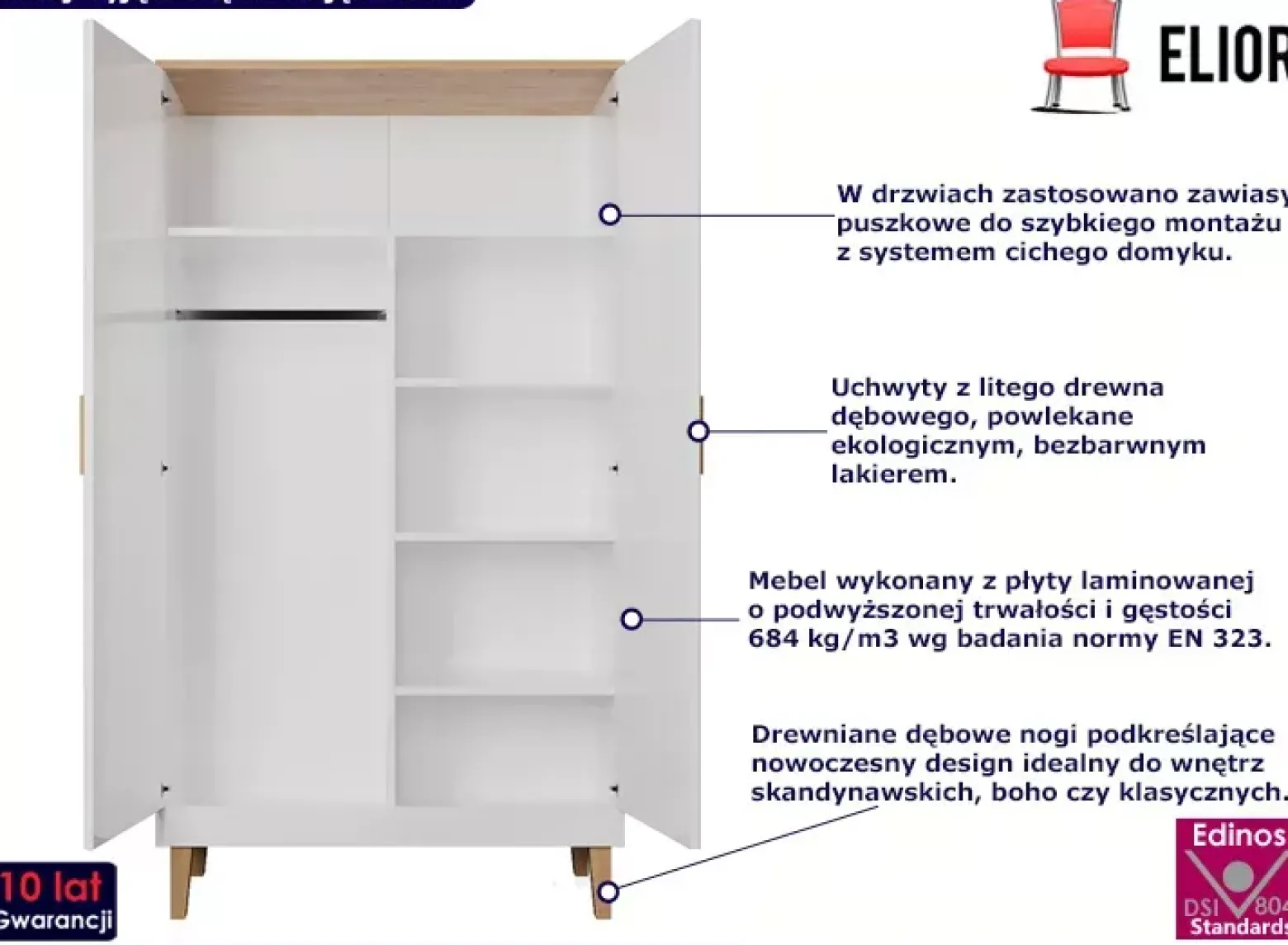 Skandynawska szafa na dębowych nóżkach biały + hikora - Tiska