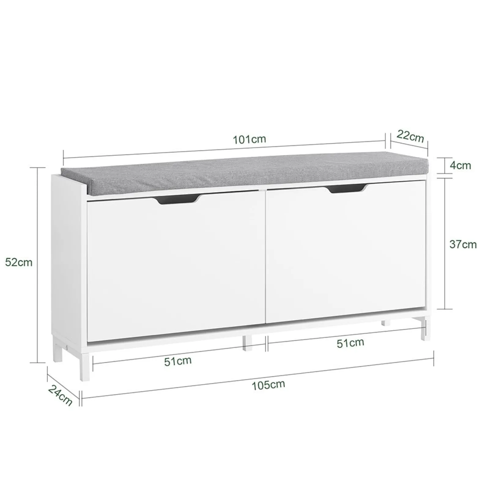 SoBuy Ławka z pojemnikiem na buty z 2 drzwiami Biały 105x24x52cm FSR151-L-W