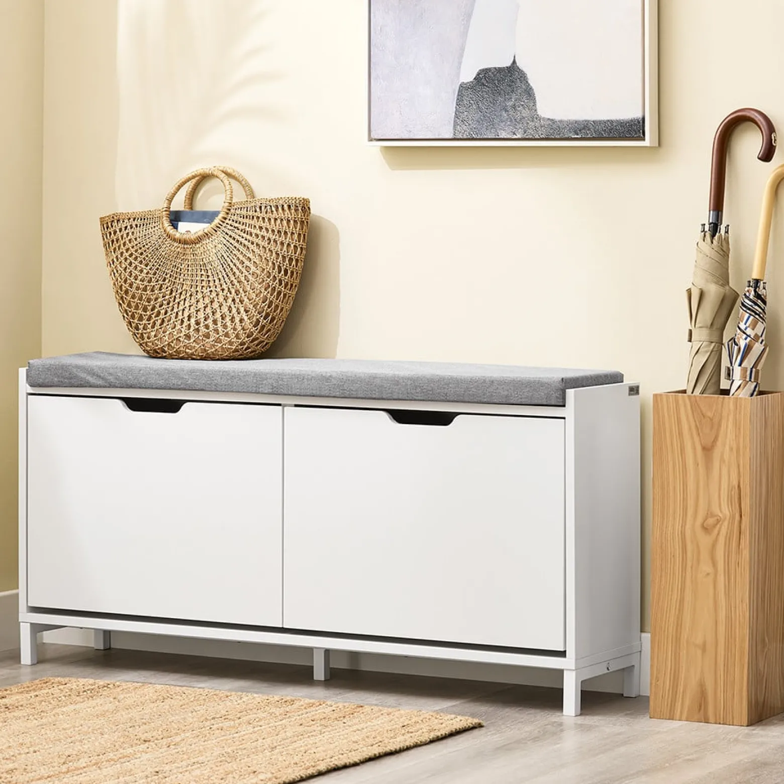 SoBuy Ławka z pojemnikiem na buty z 2 drzwiami Biały 105x24x52cm FSR151-L-W