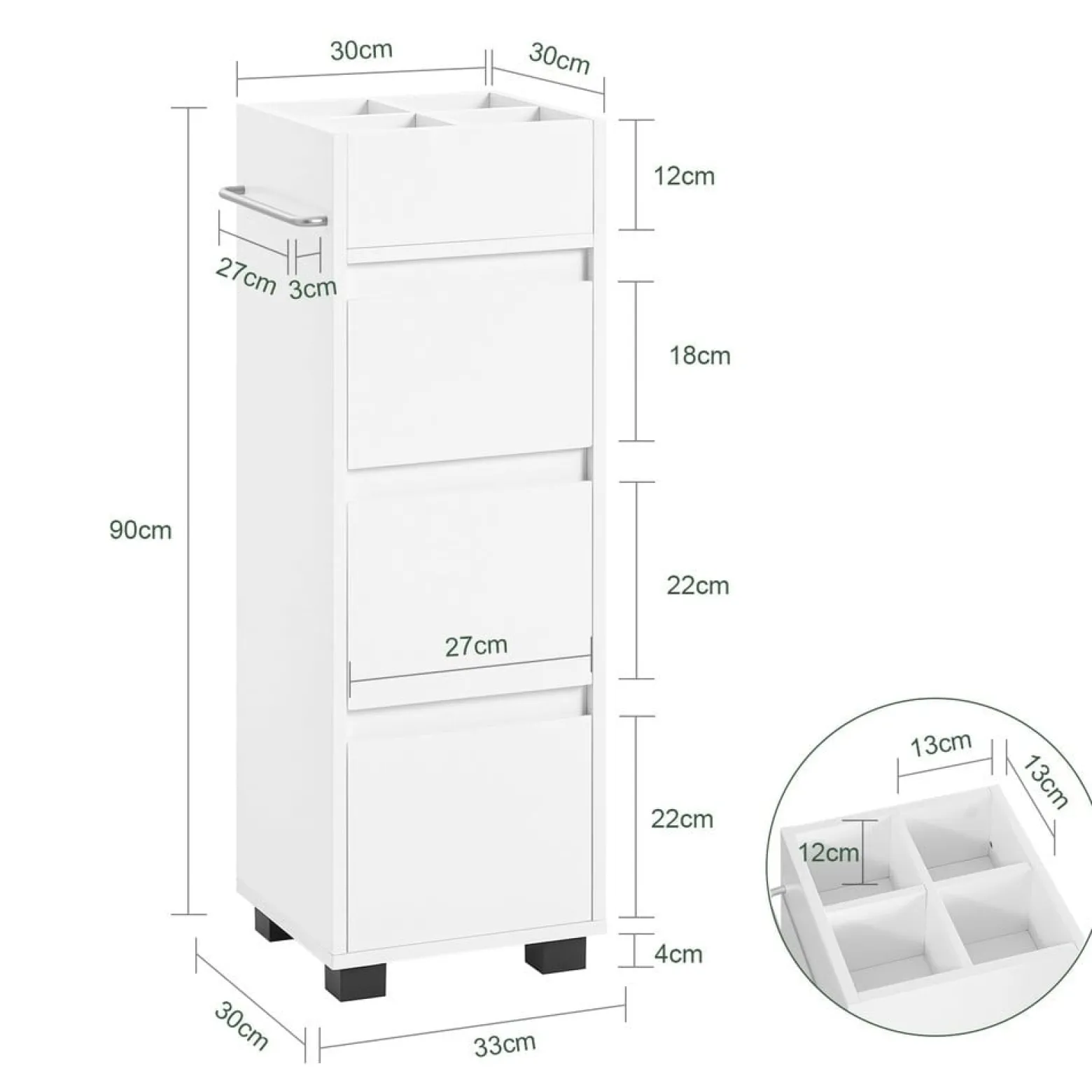 SoBuy Niska szafka łazienkowa z trzema szufladami Biały 33x30x90cm BZR29-W