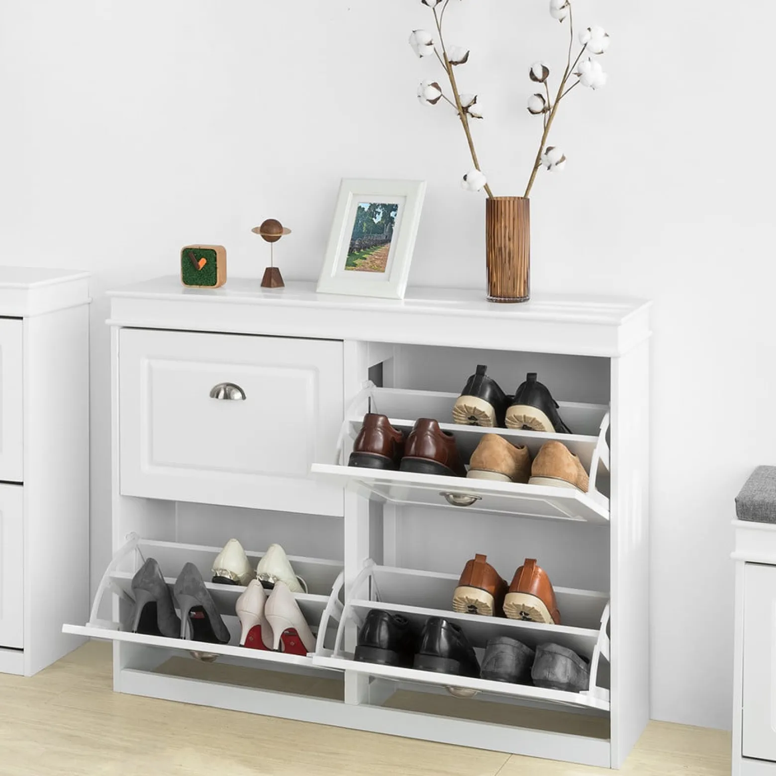 SoBuy Szafka na buty z 4 drzwiczkami Biały Nowoczesny FSR79-W