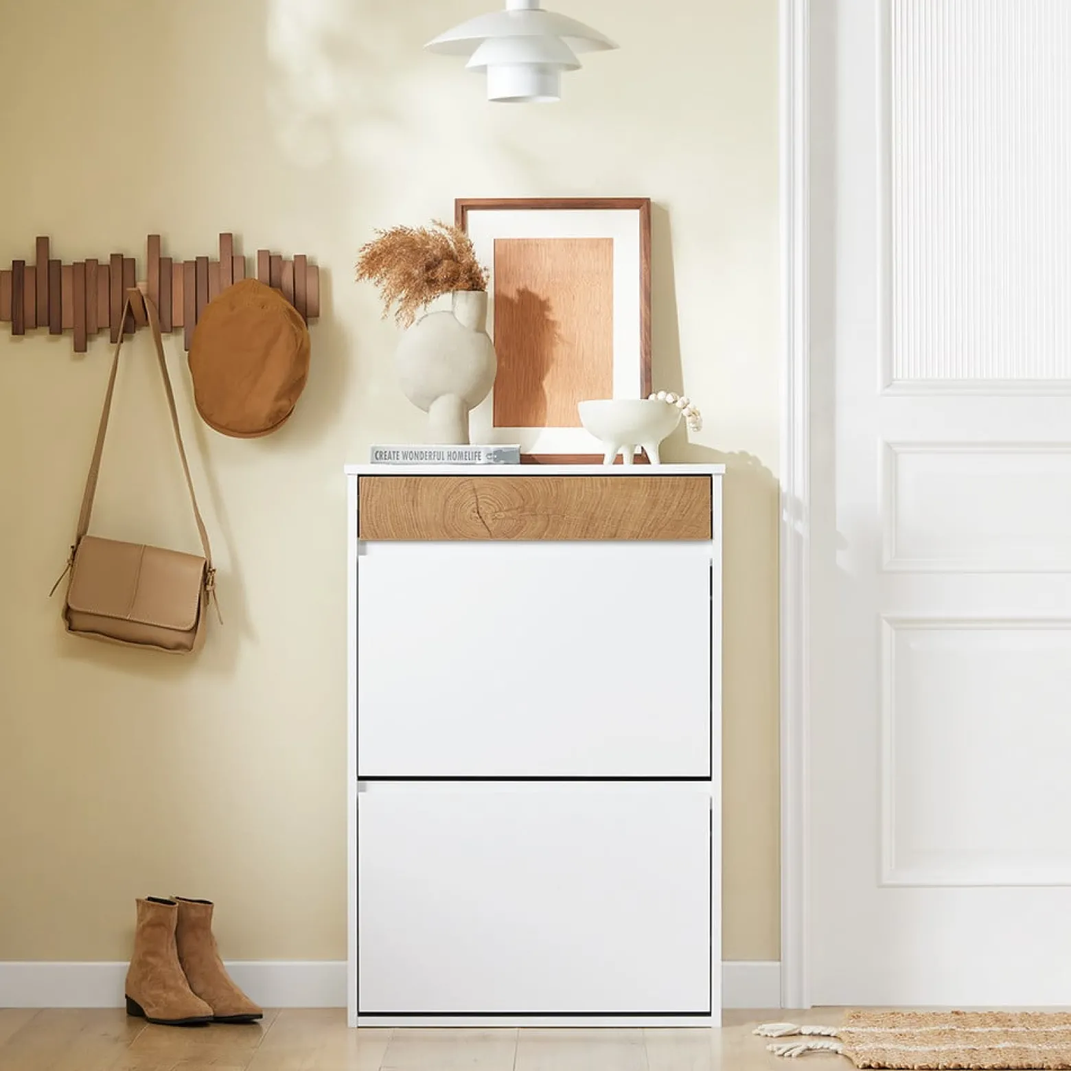 SoBuy Szafka na buty z szufladą Biały/Drewno 61x25x91cm FSR205-WN