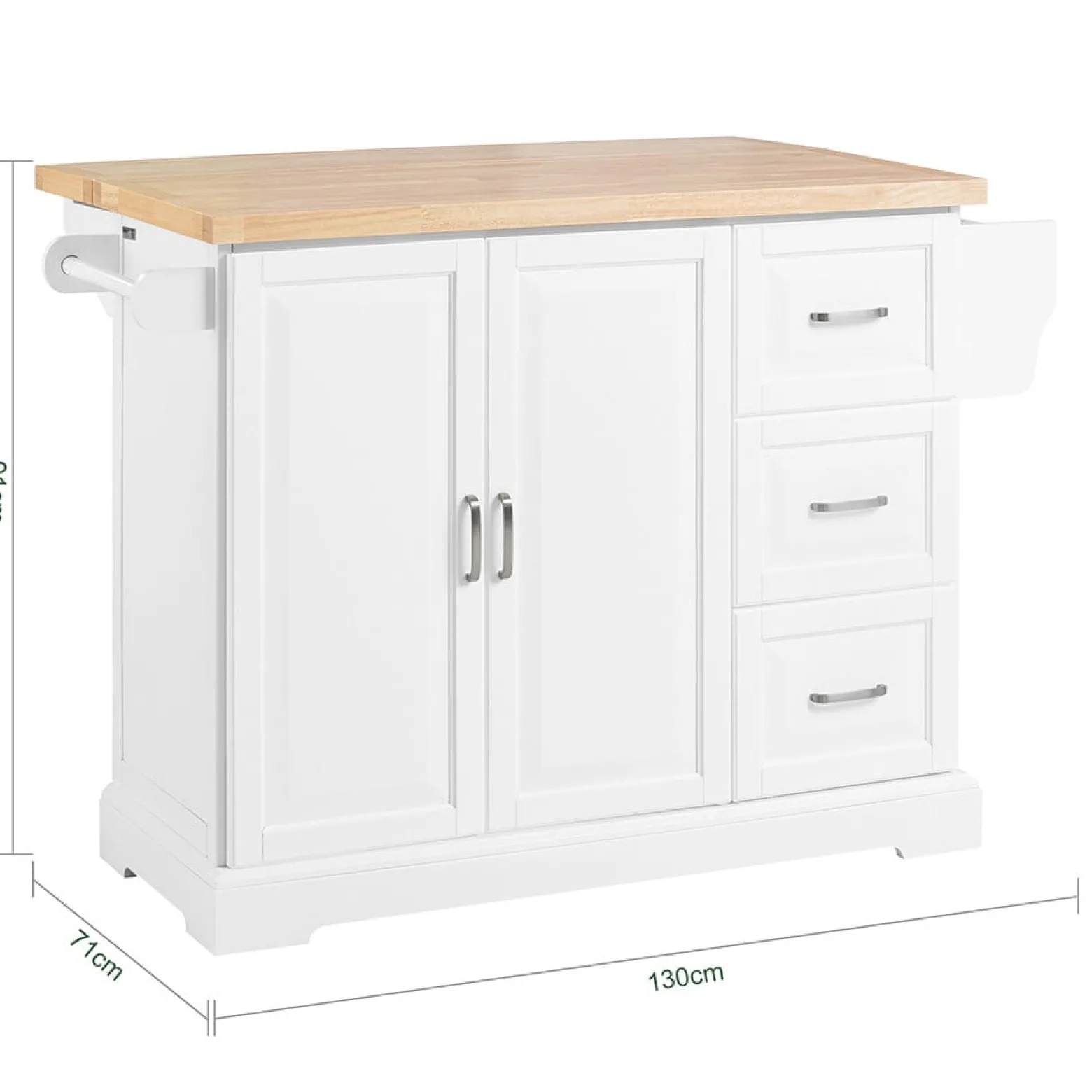 SoBuy Wyspa kuchenna z 3 szufladami Biały/Drewno 130x71x91cm FKW41-II-WN