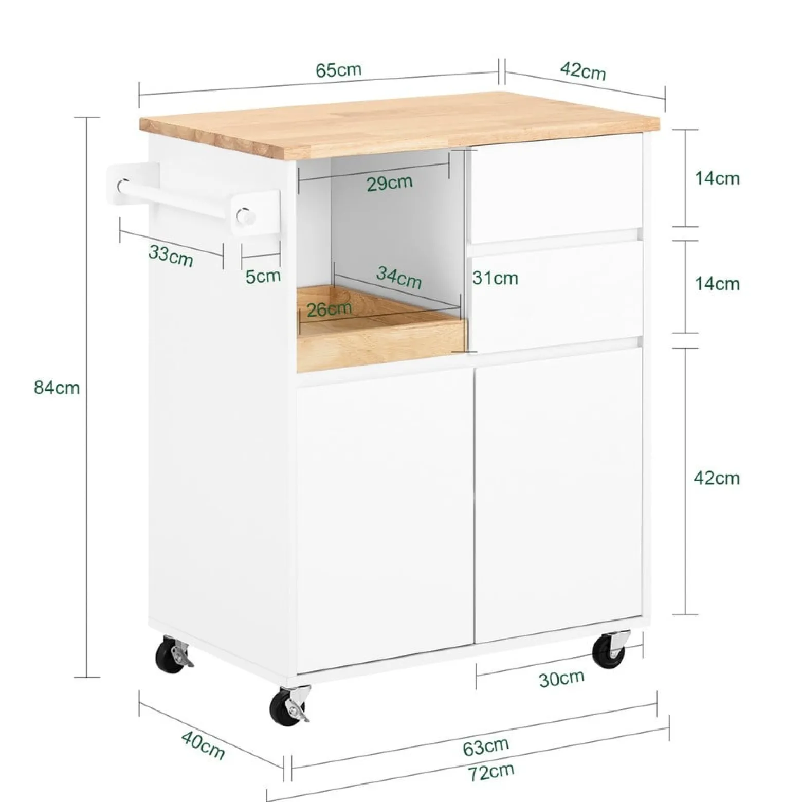 SoBuy Wózek kuchenny z 2 szufladami 72x42x84.5cm Nowoczesny FKW123-NW