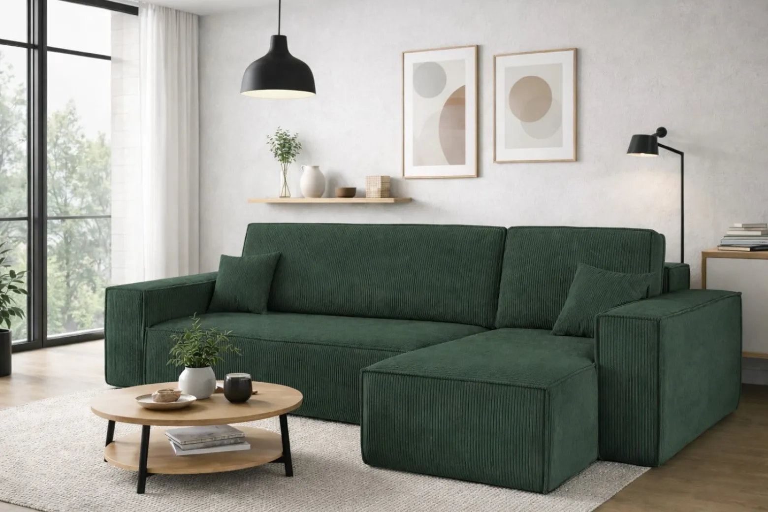 Sofa w kształcie L BEST narożnik, tkanina Poso, Ciemnozielony Prawostronny