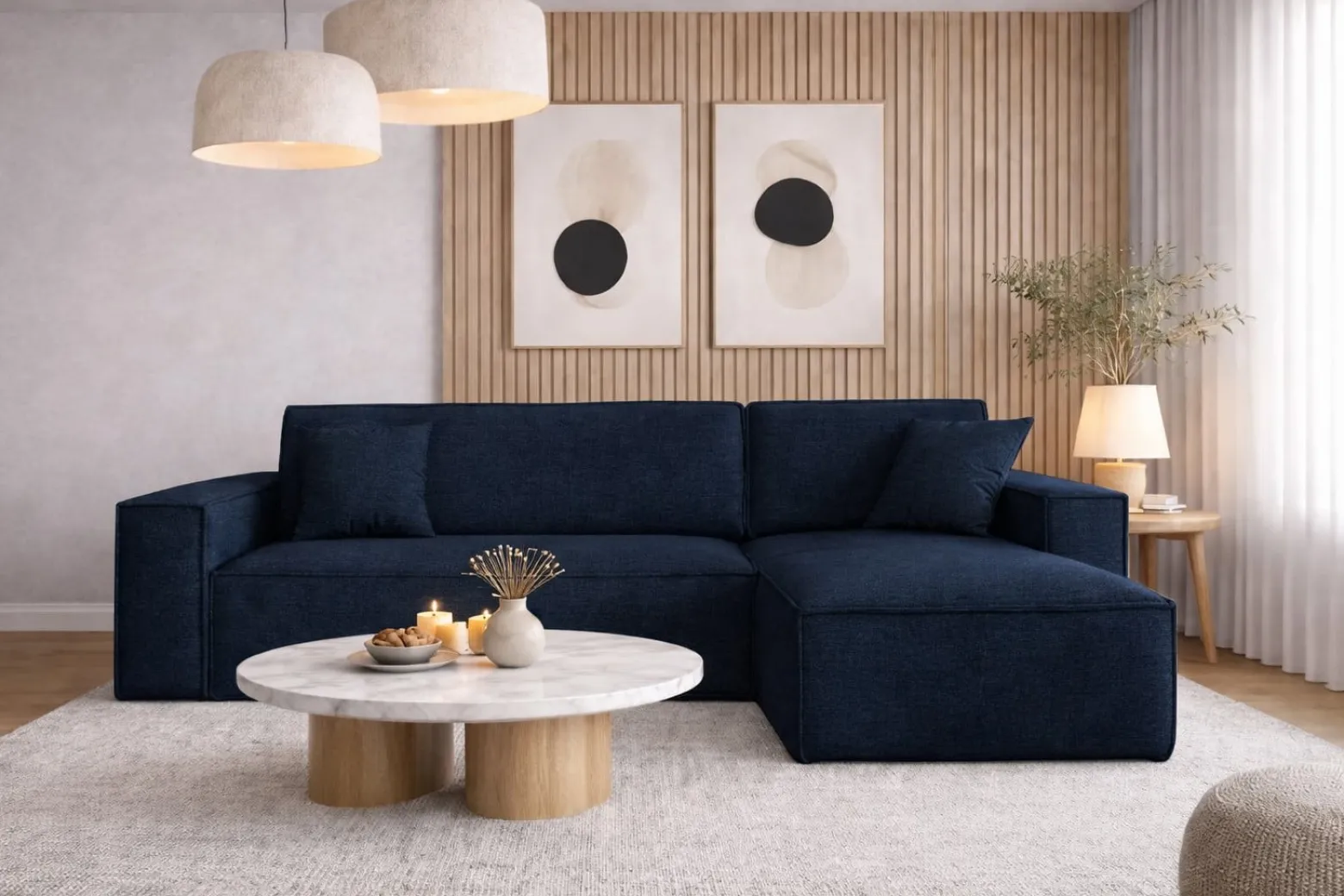 Sofa w kształcie L BEST narożnik tkanina Neve, Ciemnoniebieski Prawostronny
