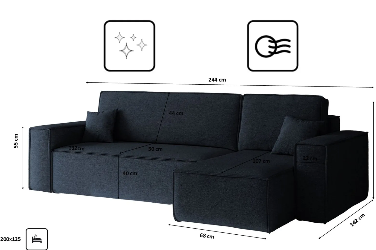 Sofa w kształcie L BEST narożnik tkanina Neve, Ciemnoniebieski Prawostronny