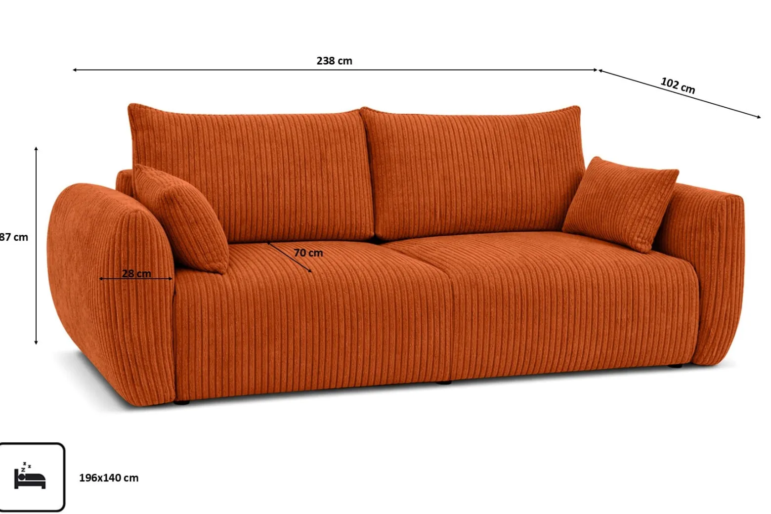 Sofa z funkcją spania i pojemnikiem, sztruks Poso, Miedziany, Zephira