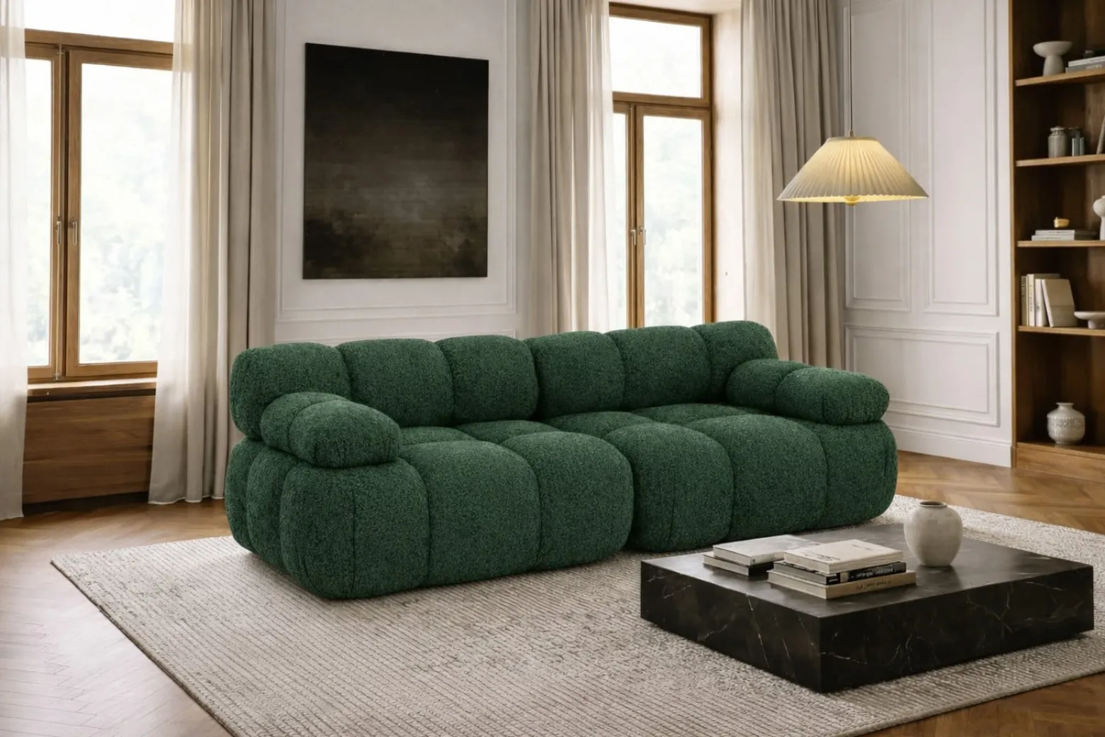 Sofa modułowa dwuosobowa, bukla Abriamo, Ciemnozielony, Selia