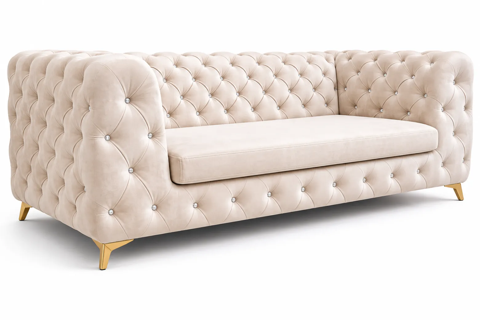 Sofa Moet beżowa welurowa Chesterfield glamour pikowana 3-osobowa