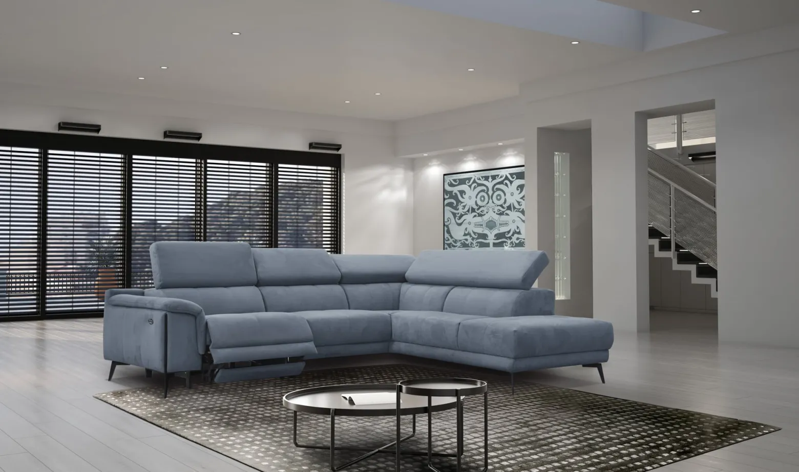 Sofa narożna 5 osobowa MATERA szaroniebieska, 1 funkcja relaks
