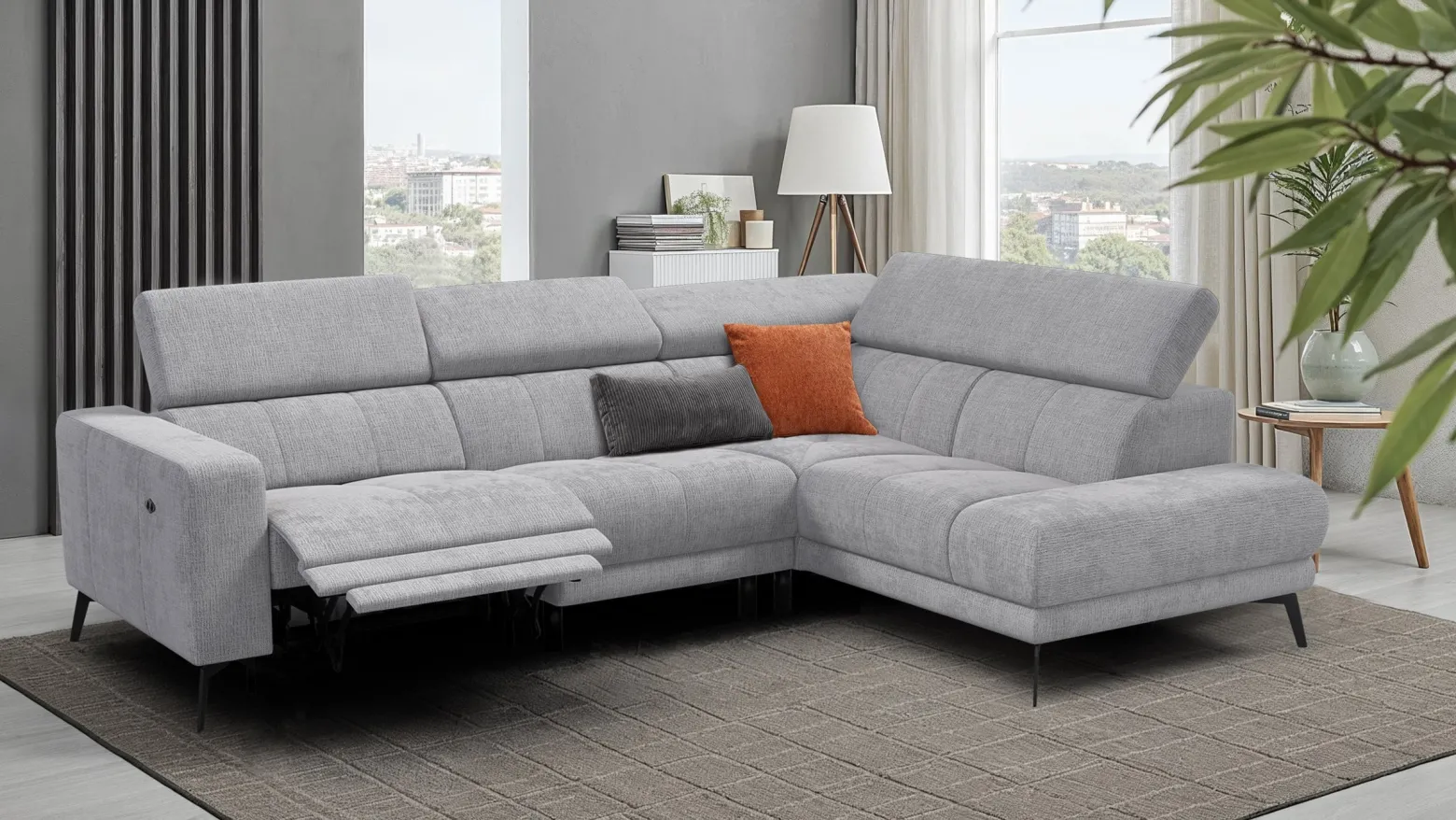 Sofa narożna 5 osobowa prawa MORELLO, jasnoszara, 1 x Relax Zero Gravity
