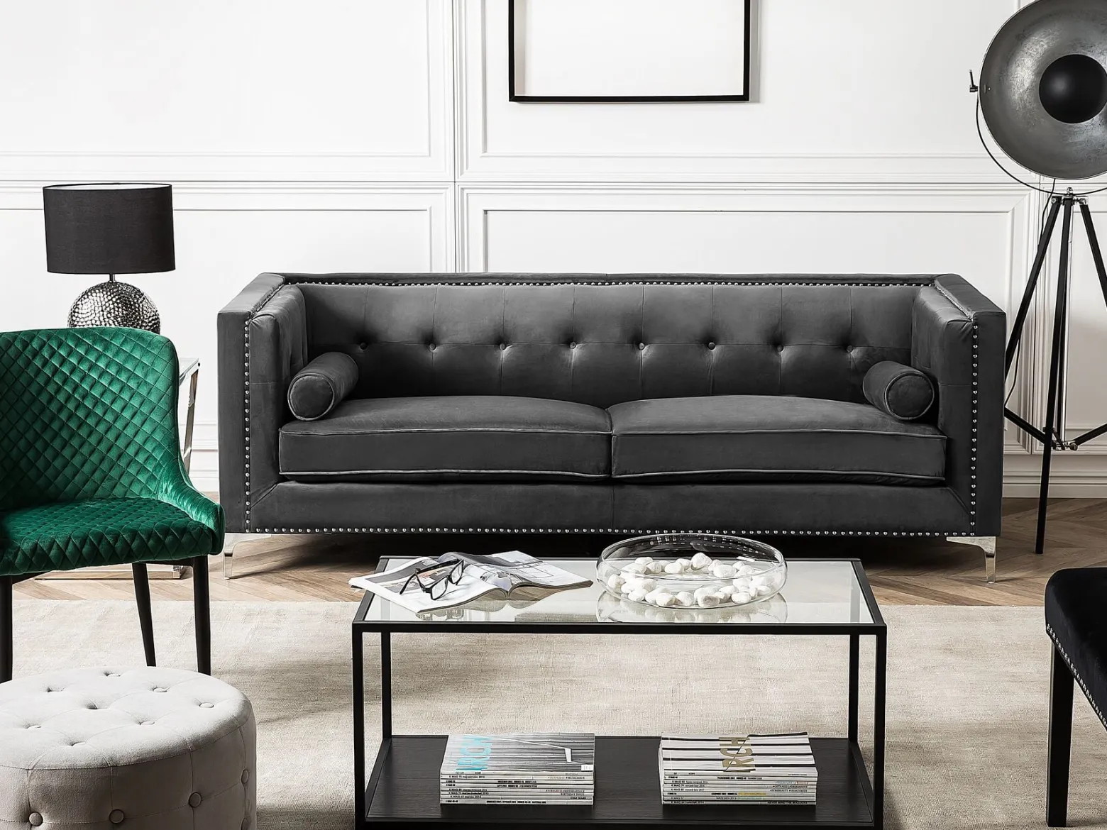 Sofa pikowana welurowa ciemnoszara