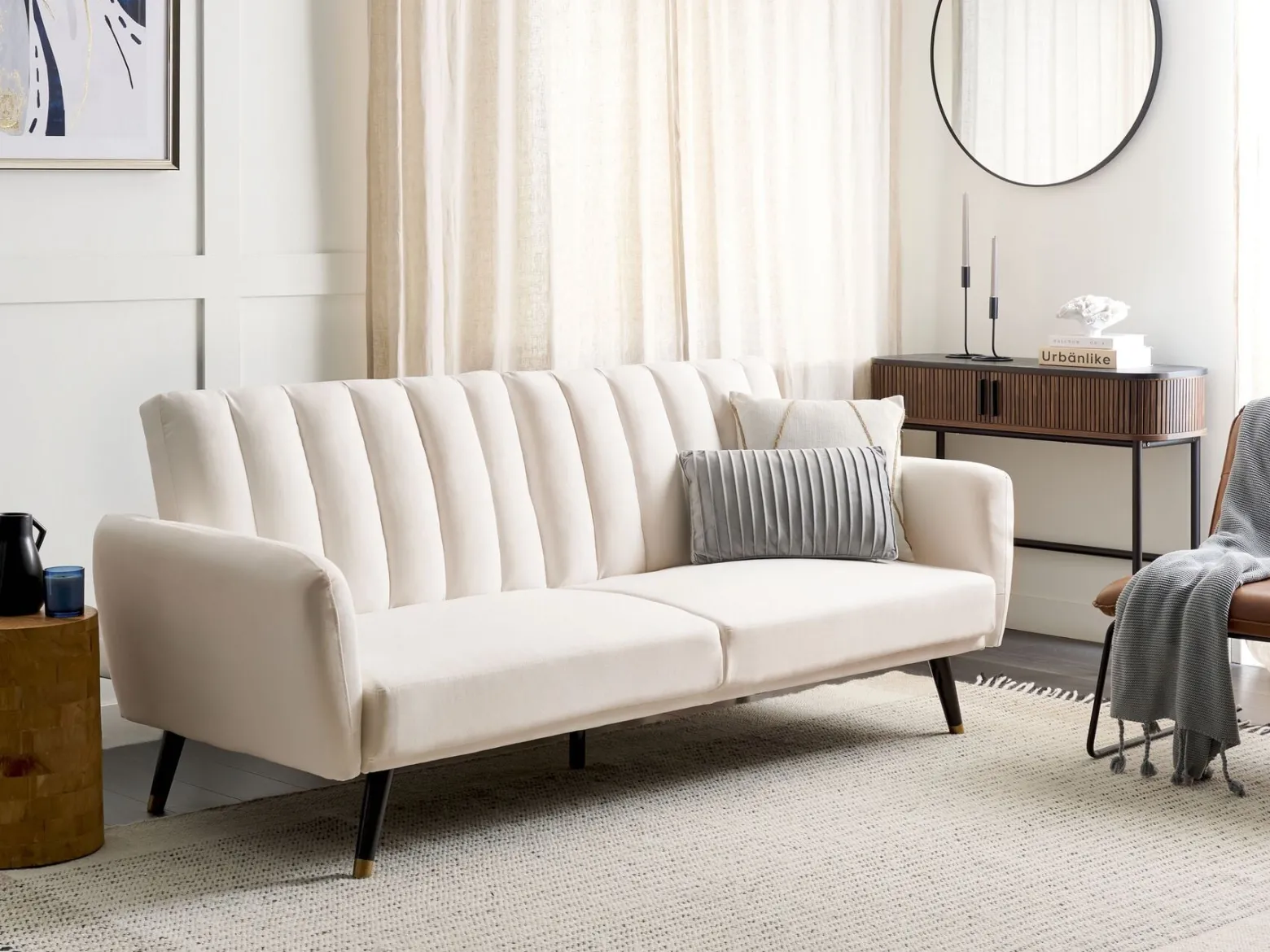 Sofa tapczan rozkładana jasnobeżowa tapicerowana