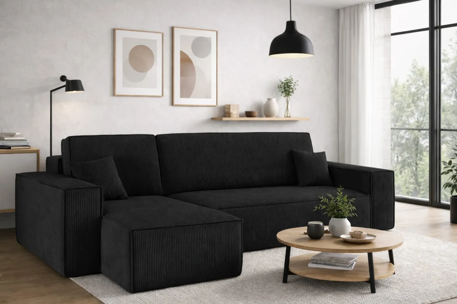 Sofa w kształcie L BEST narożnik, tkanina Poso, Czarny Lewostronny