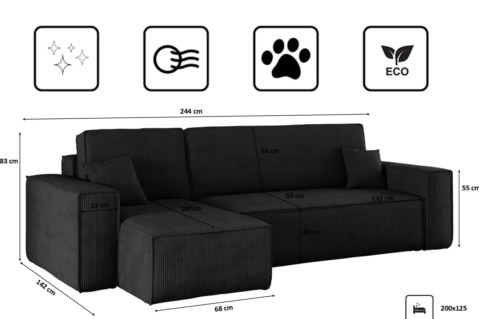 Sofa w kształcie L BEST narożnik, tkanina Poso, Czarny Lewostronny