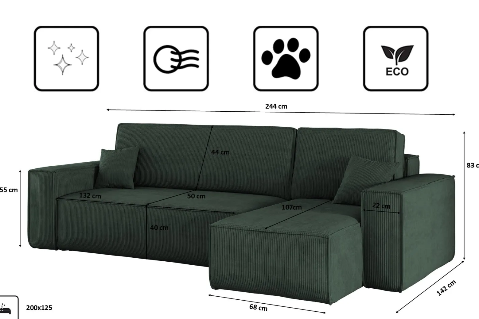 Sofa w kształcie L BEST narożnik, tkanina Poso, Ciemnozielony Prawostronny