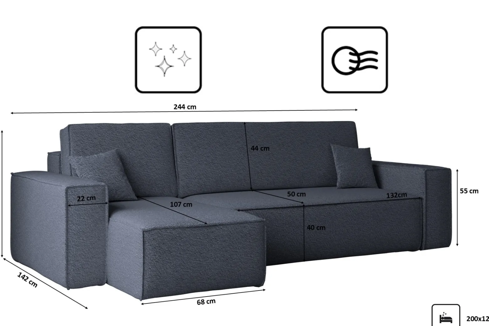 Sofa w kształcie L BEST, tkanina Abriamo, Ciemnoniebieski Lewostronny