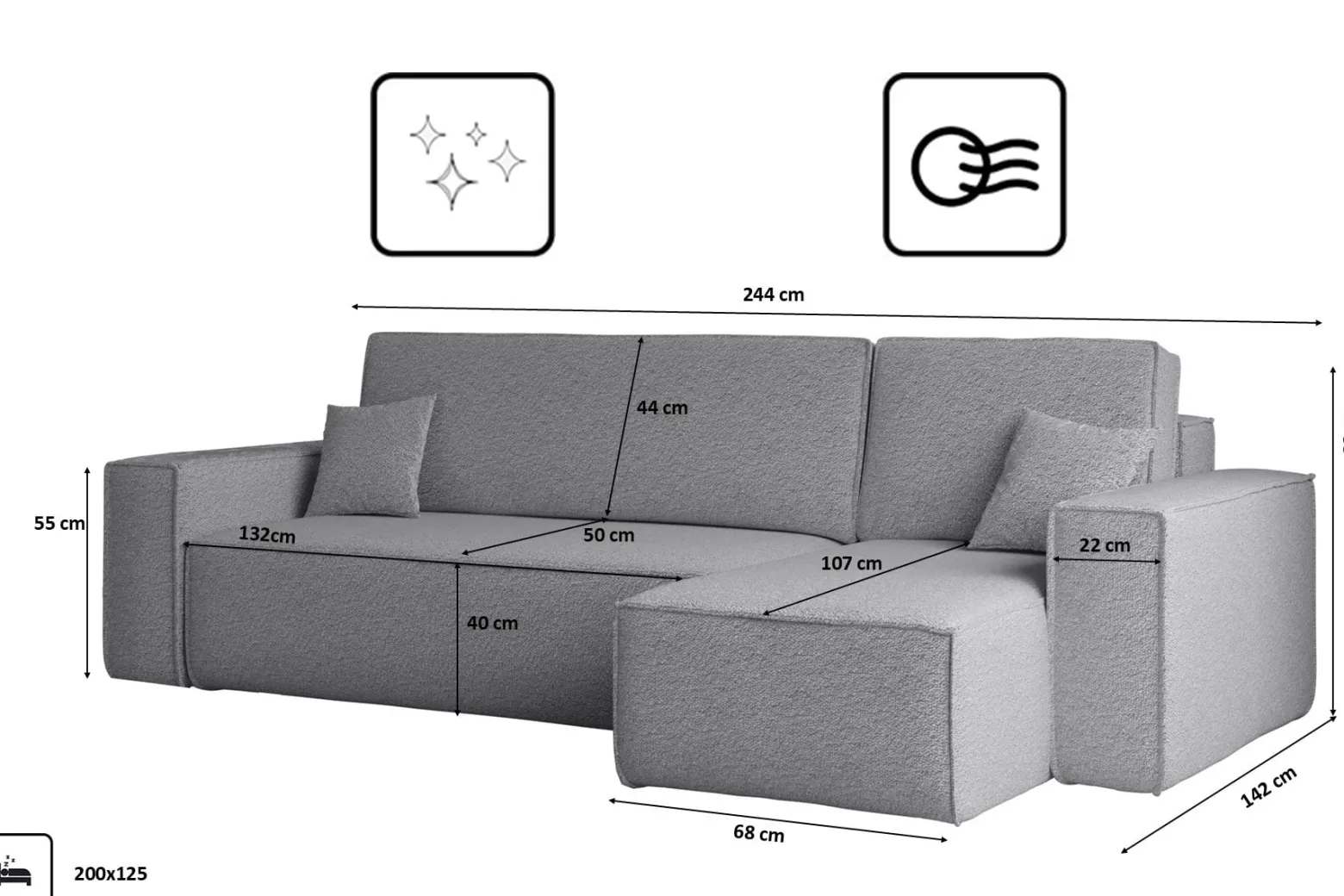 Sofa w kształcie L BEST, tkanina Abriamo, Szary Prawostronny