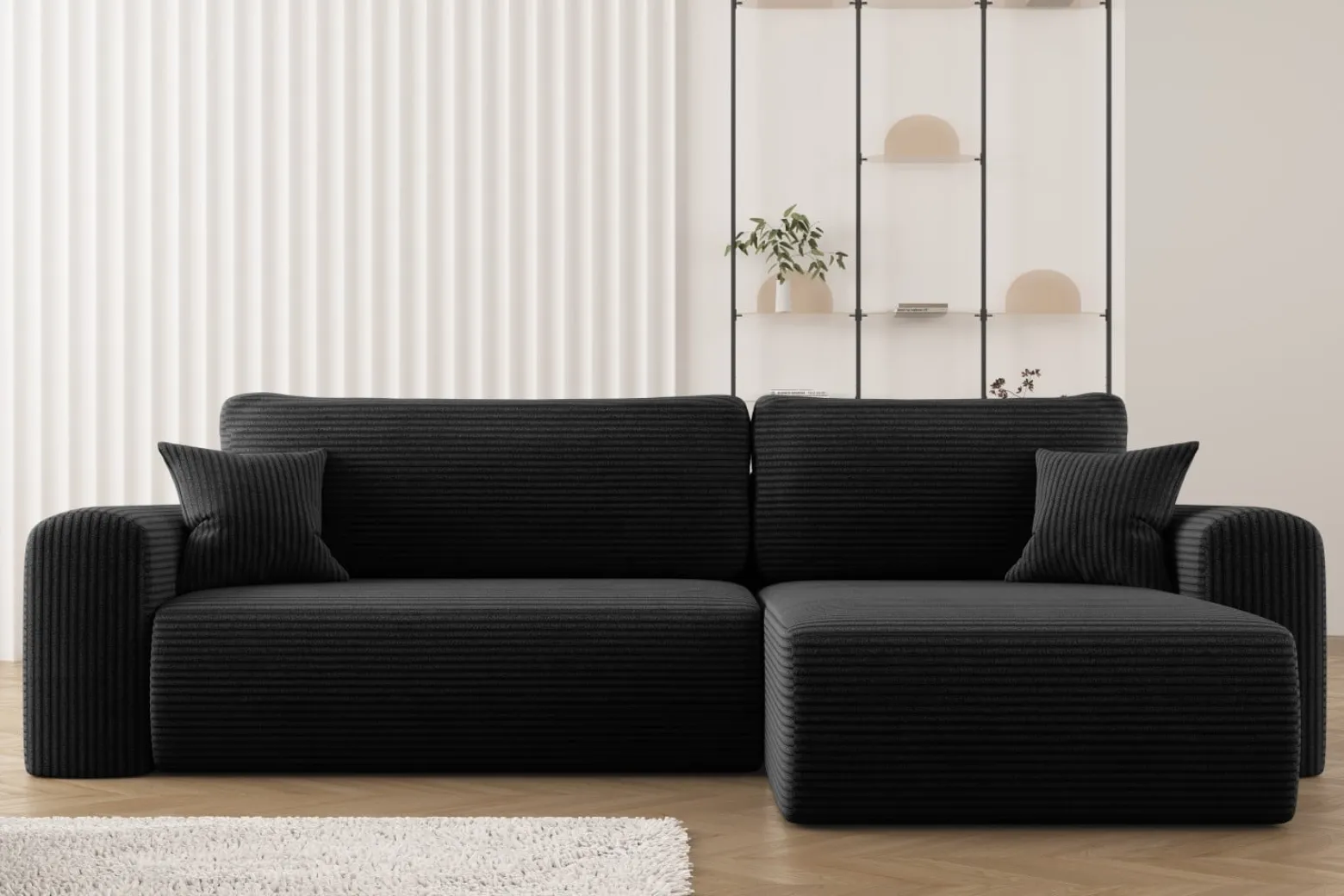 Sofa w kształcie L CAPRI narożnik, tkanina Poso, Czarny Prawostronny