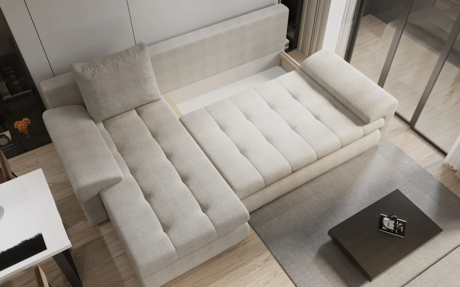 Sofa w kształcie L TOMI narożnik, tkanina Castel Zimny beżowy Lewostronny