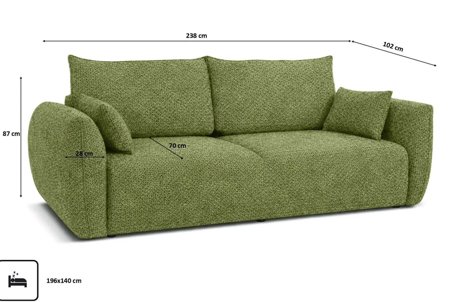 Sofa z funkcją spania i pojemnikiem, szenil Artico, Moss, Zephira
